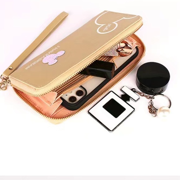 Minnie Mickey Mouse Wristlet Clutch  Convertible Long Wallet Tan Champagne Gold - Picture 8 of 16